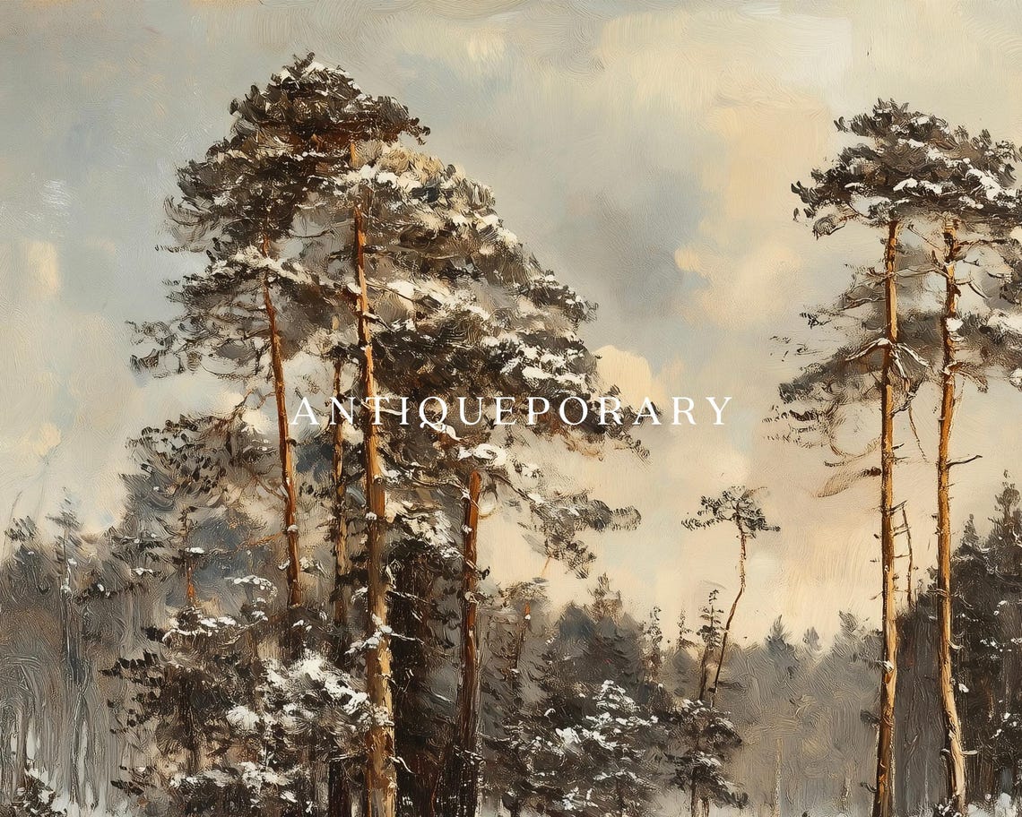 Snowy Pine Forest Winter Landscape Muted Vintage Painting Poster - Image 3