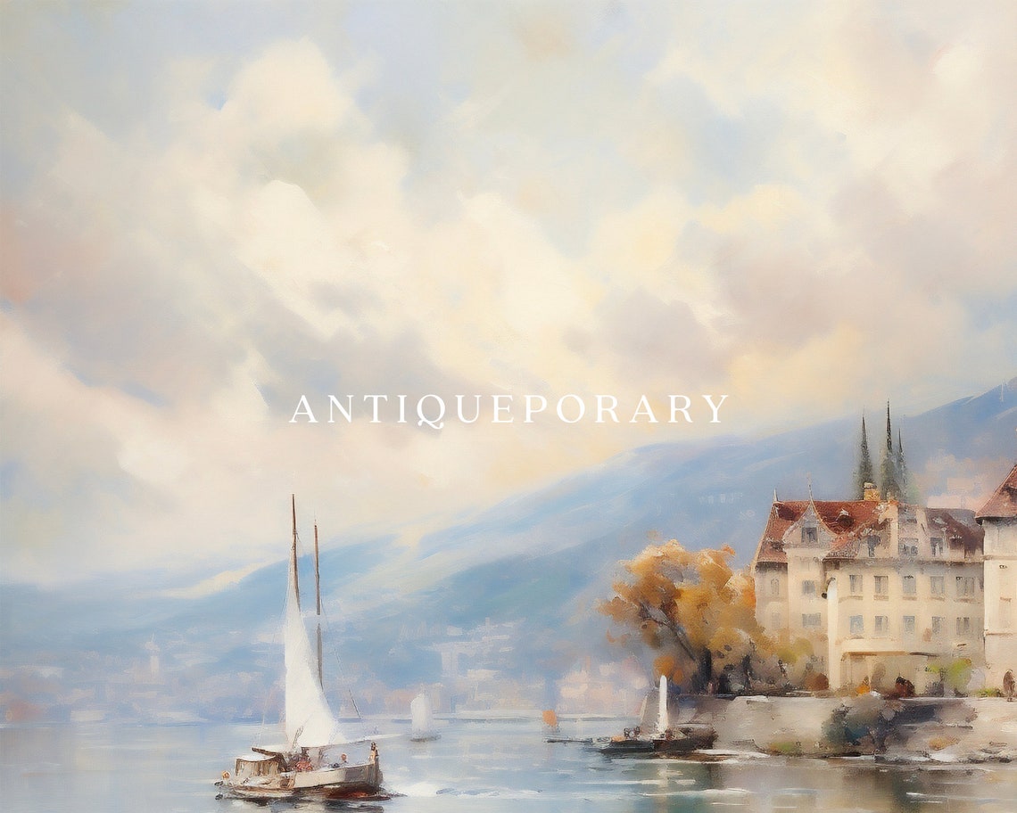 Vintage French Landscape Oil Painting Lake Village Landscape Print Antique Country Painting Rustic Artwork - Image 3