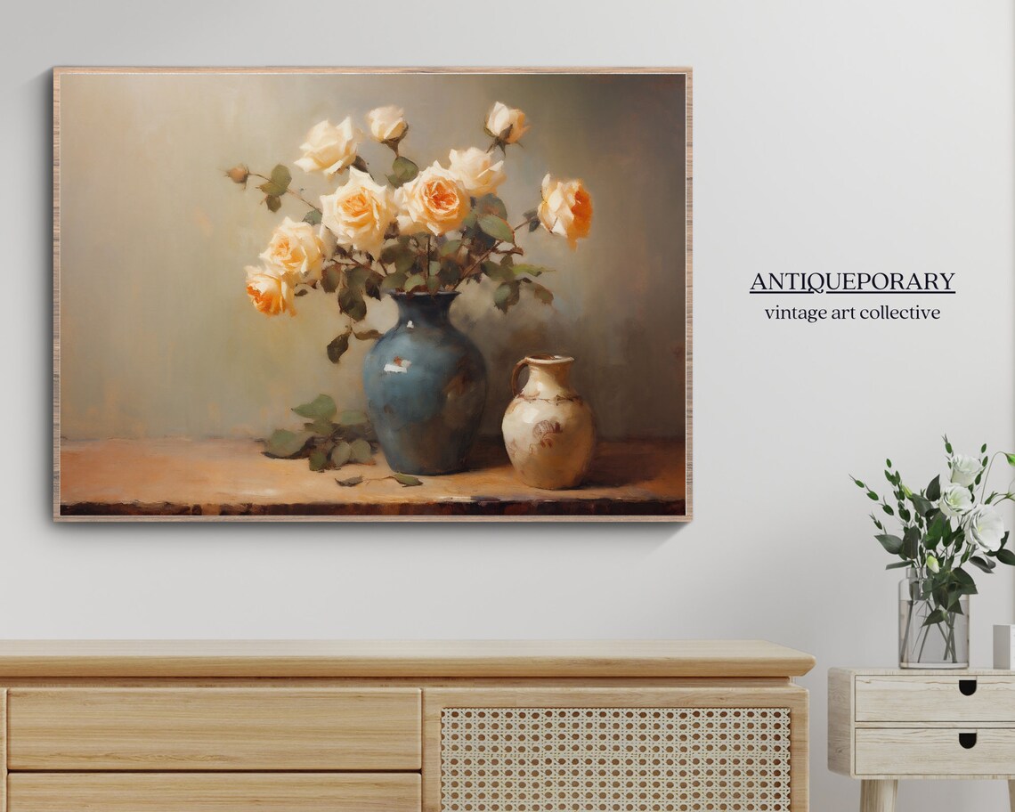 Flower Vase Still Life Oil Painting Vintage Kitchen Still Life Print Neutral Flowers Print Farmhouse Wall Decor Antique Still Life Print - Image 7