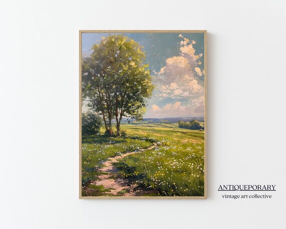 Spring Meadow Path Big Tree Wildflowers Vintage Landscape Poster
