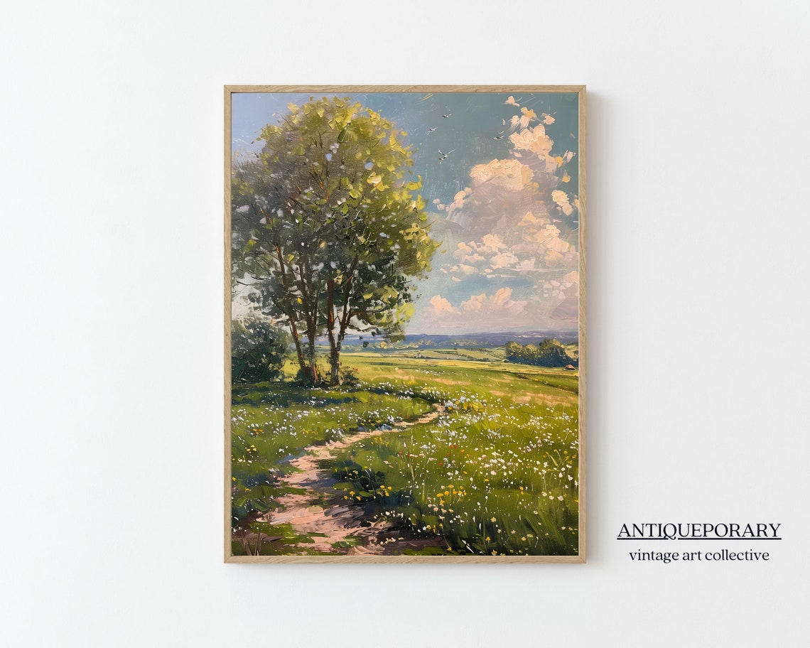 Spring Meadow Path Big Tree Wildflowers Vintage Landscape Poster