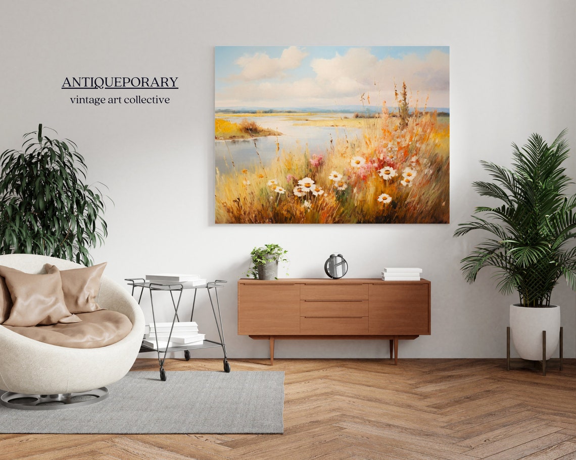 Sunlit Golden Wildflower Bank with Daisies by Calm Lake Poster - Image 5