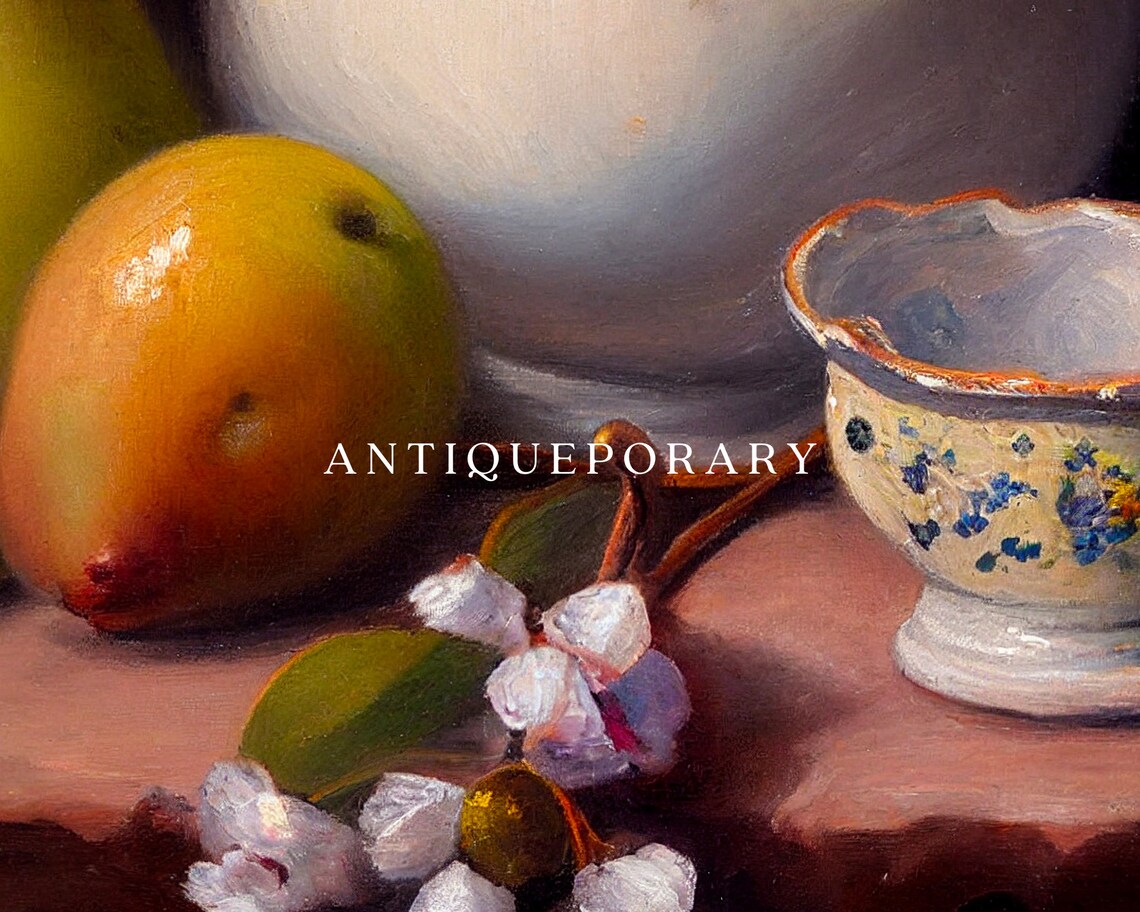 Moody Ceramic Pitcher with Pear Citrus Berries Still Life Print - Image 2