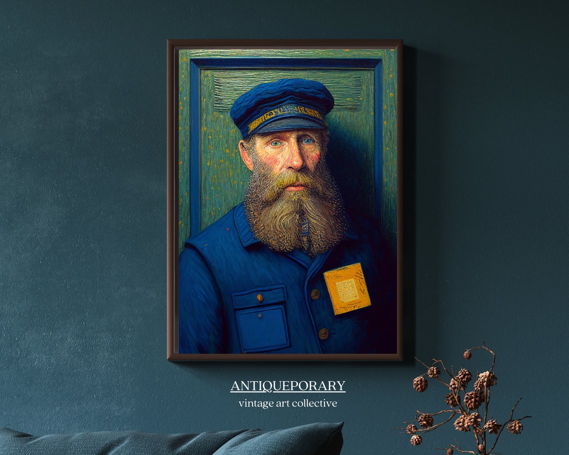 Vintage Postman Portrait Bearded Mailman Blue Uniform Painting Poster - Image 5
