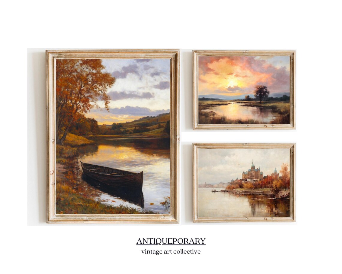 Autumn River Sunset Wooden Rowboat Vintage Landscape Art Poster - Image 5