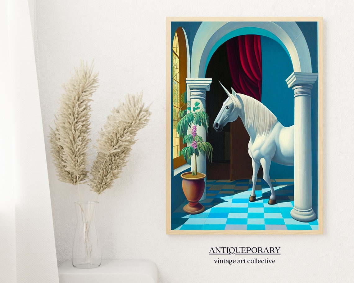 Whimsical White Unicorn in Classical Arched Blue Hallway Poster - Image 6