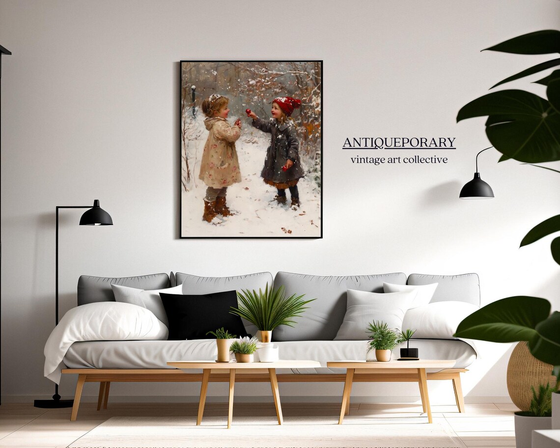 Two Girls Playing Together in the Snow Winter Nostalgia Scene Poster - Image 7