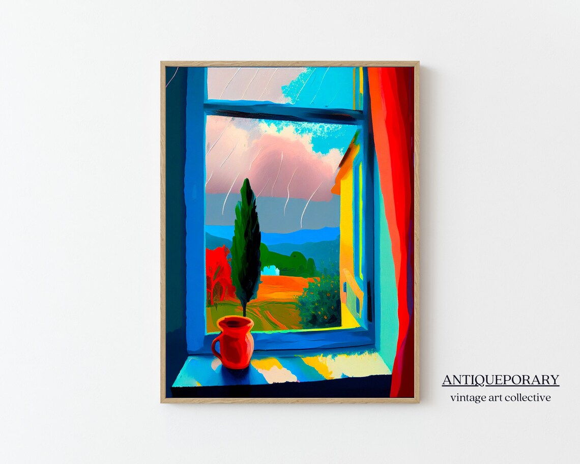 Colorful Window View Fauvist Painting Bold Blue Frame Red Jug Poster