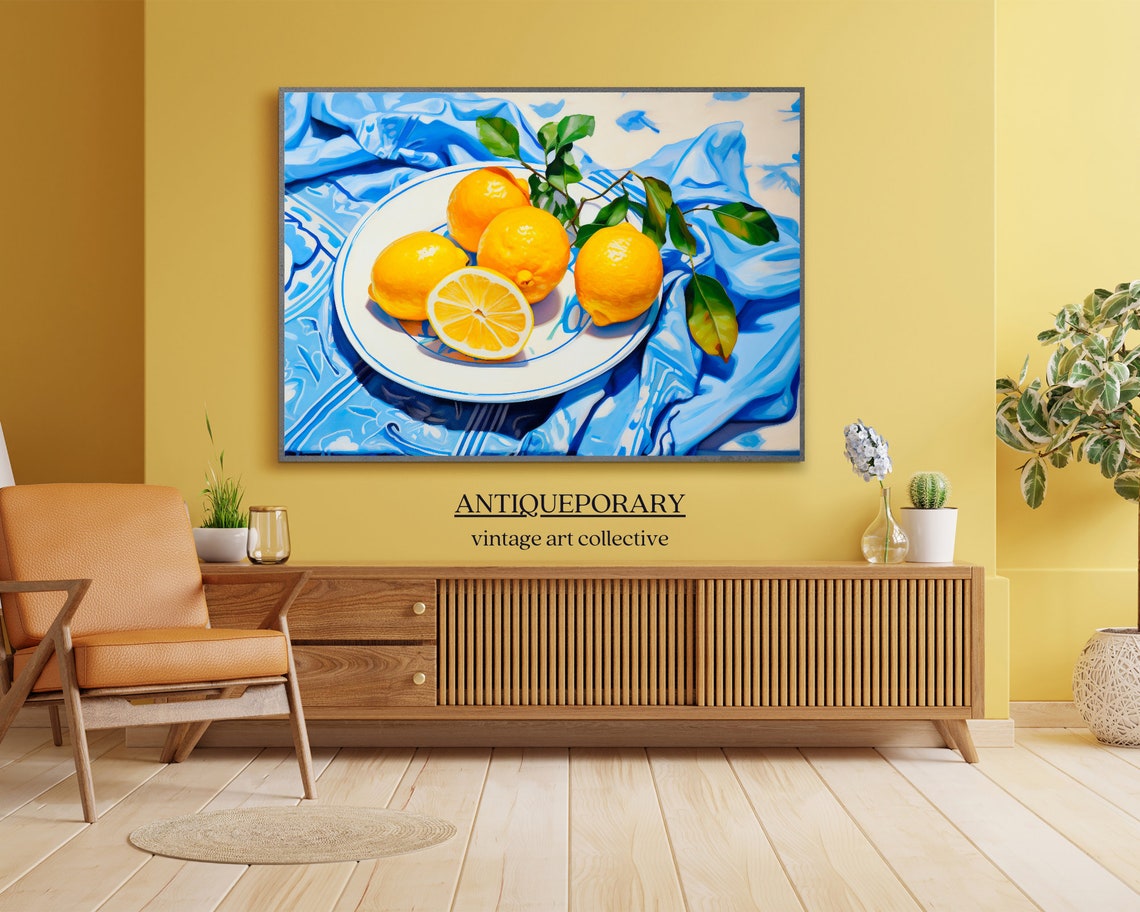 Lemon Still Life Blue Patterned Cloth Bright Citrus Painting Poster - Image 4