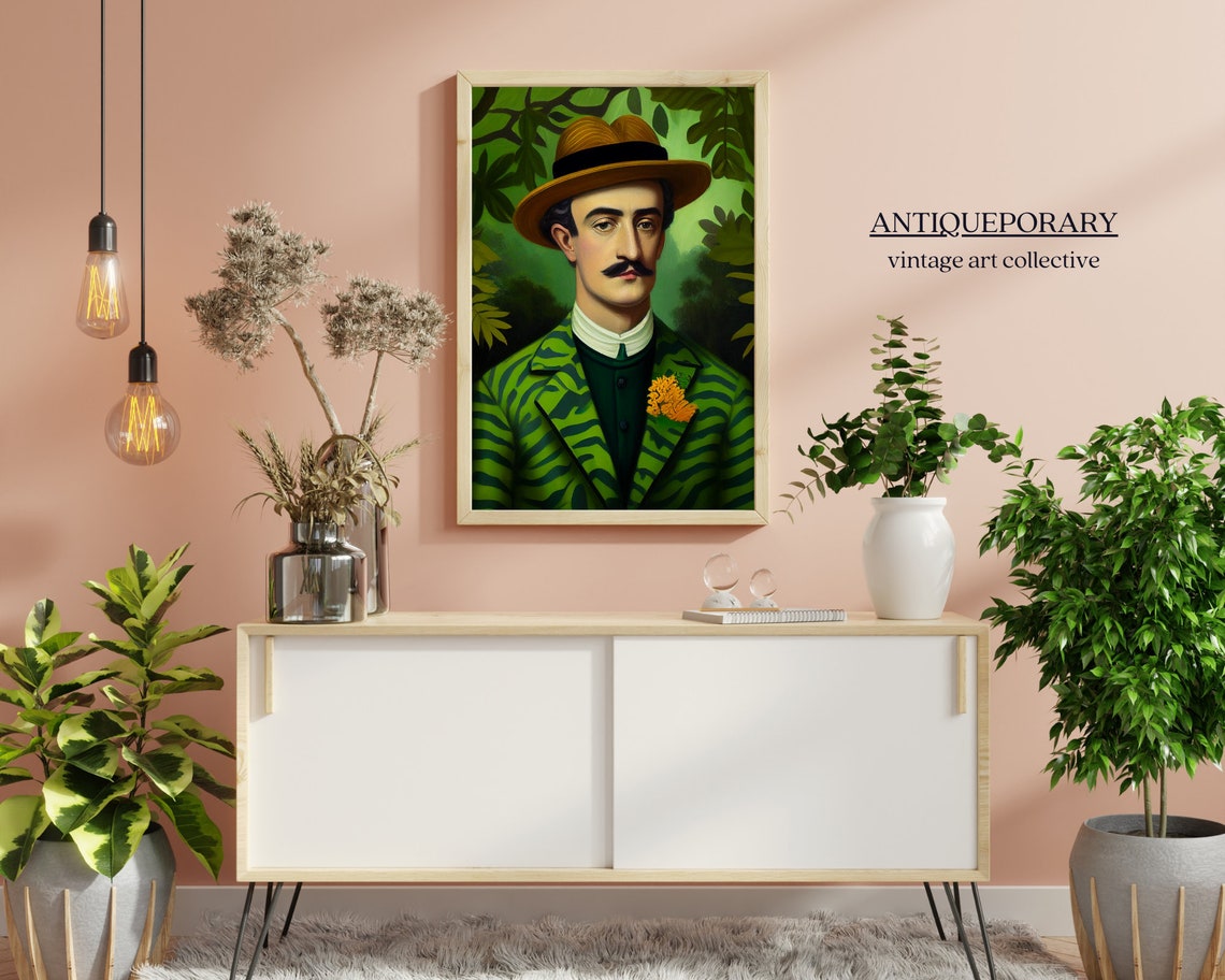 Gentleman in Leaf Pattern Suit Green Jungle Vintage Portrait Poster