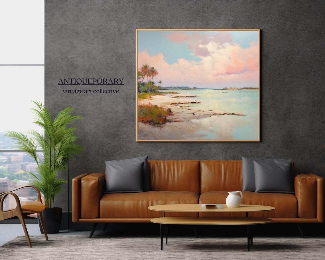 Pastel Beach Palm Trees Turquoise Water Coastal Landscape Poster - Image 7