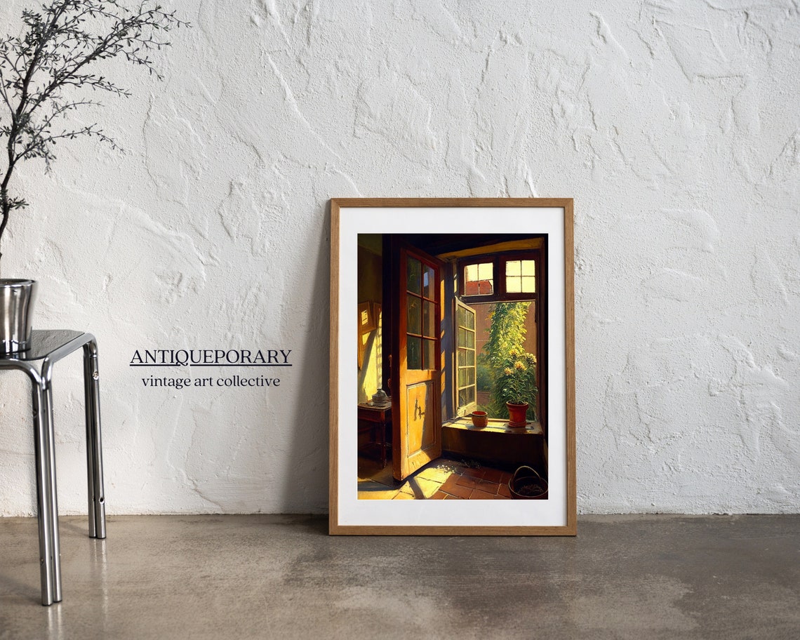 Sunlit Open French Doors Garden Interior Moody Vintage Painting Poster - Image 3