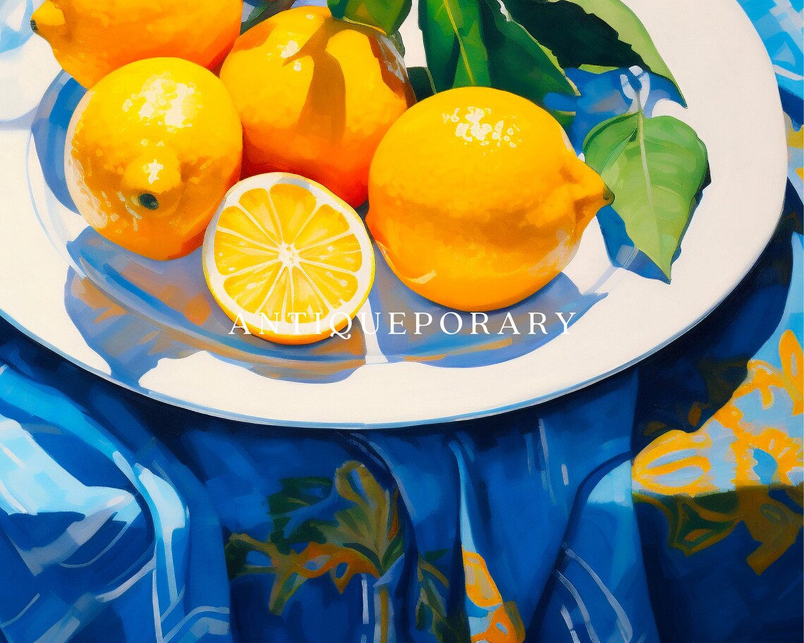 Lemon Plate Glass Water Blue Cloth Sunny Citrus Still Life Poster - Image 2