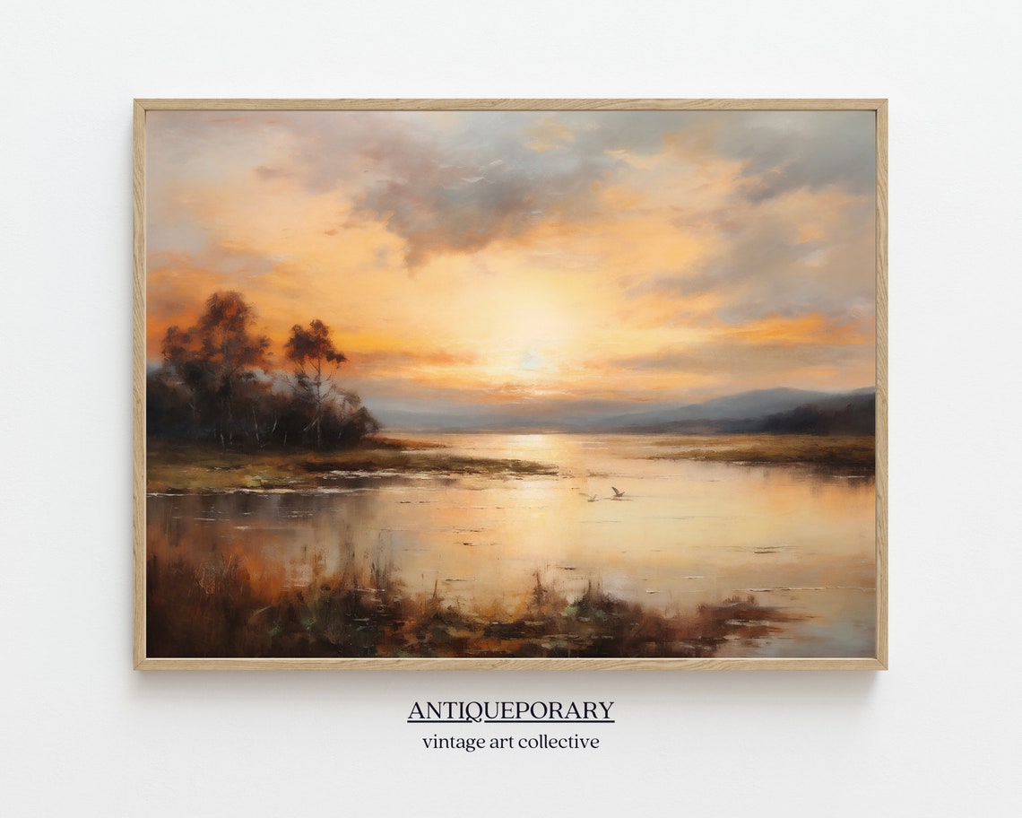 Golden Sunset Over Calm River with Reflective Water Art Poster