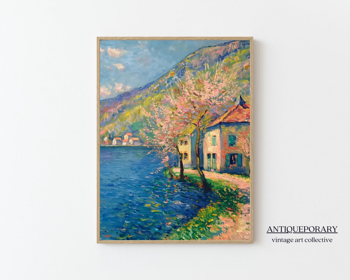Spring Lakeside Village Blossom Impressionist Landscape Wall Art - Image 7