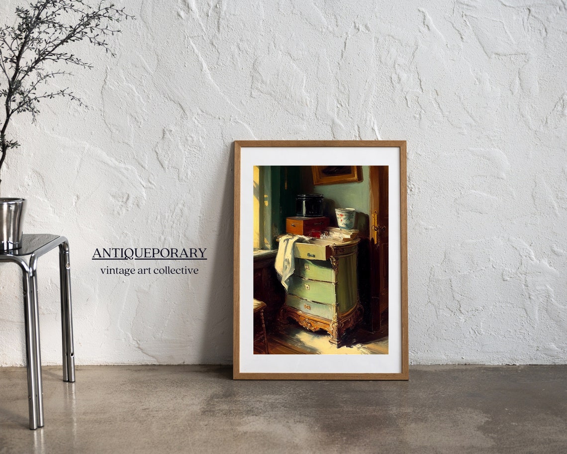 Vintage Dresser Interior Oil Painting of a Sunlit Corner Print - Image 5