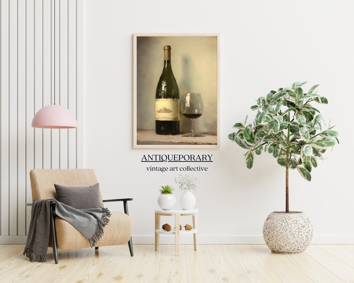 Red Wine Bottle and Filled Glass Vintage Kitchen Still Life Print - Image 5
