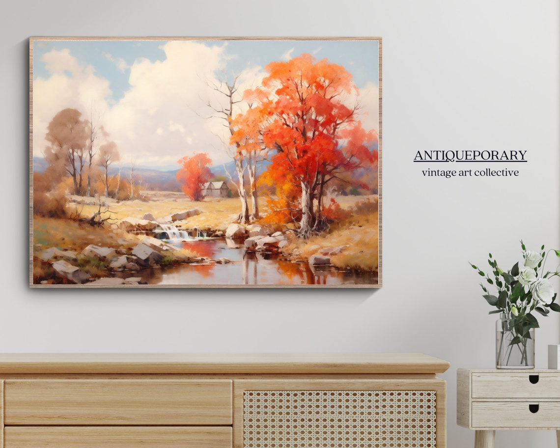 Autumn Creek Landscape with Red Trees Waterfall and Barn Poster - Image 5