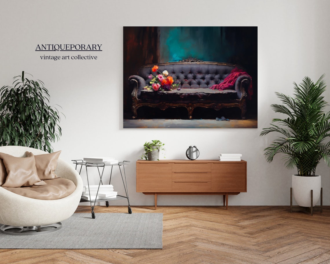 Vintage Antique Couch Oil Painting Dark Moody Still Life Painting Luxurious Vintage Interior Antique Oil Painting Vintage Art - Image 6