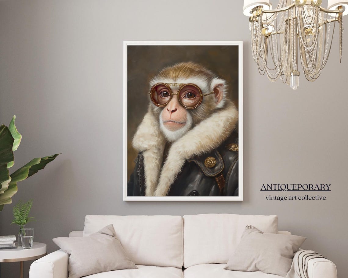 Scholarly Monkey in Round Glasses and Fur Collar Portrait Poster - Image 2
