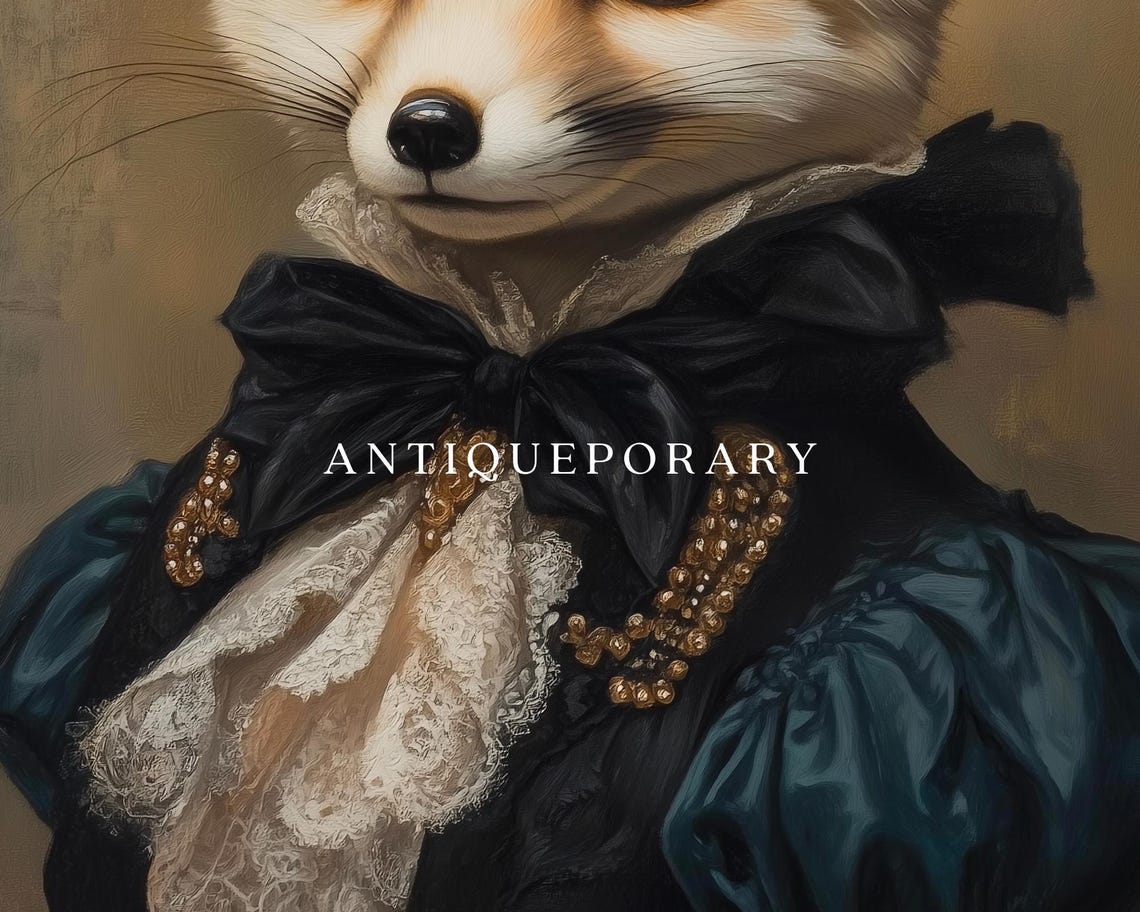 Fennec Fox Lady in Navy Victorian Gown Vintage Animal Portrait Poster - Image 2