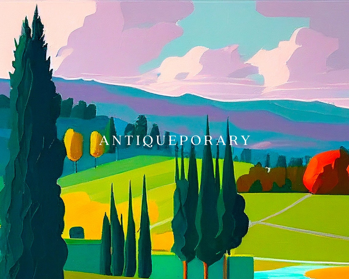Stylized River Valley with Tall Cypress Trees Green Hills Poster - Image 3