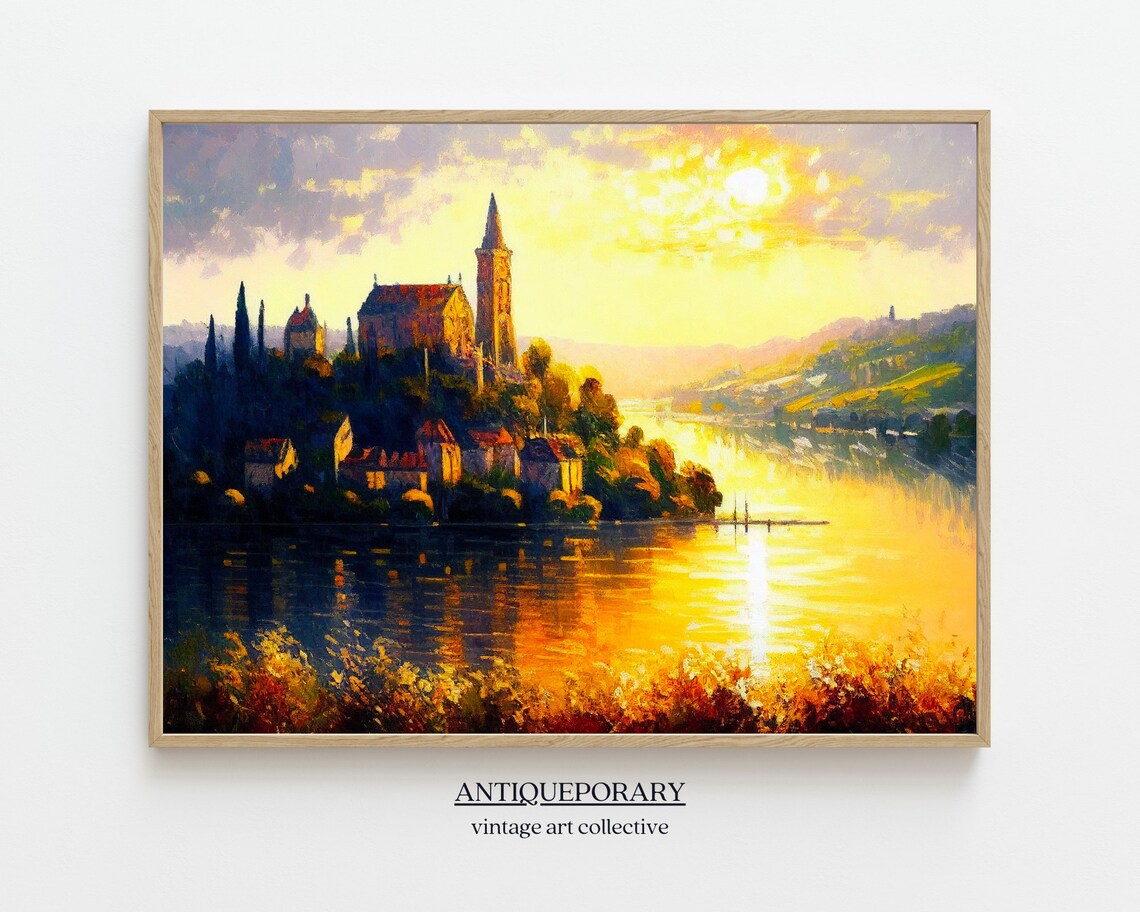 Sunset Hilltop Town Church Lake Golden Reflections Landscape Poster