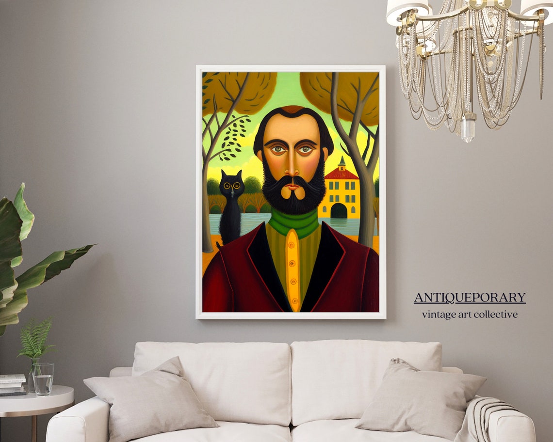 Bearded Man Black Cat Folk Art Portrait Naive Style Painting Poster - Image 4