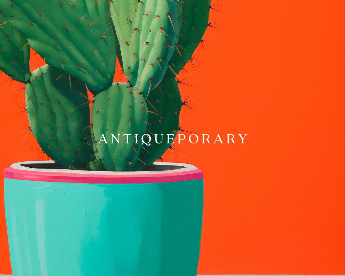 Prickly Pear Cactus Turquoise Pot Orange Abstract Still Life Poster - Image 2