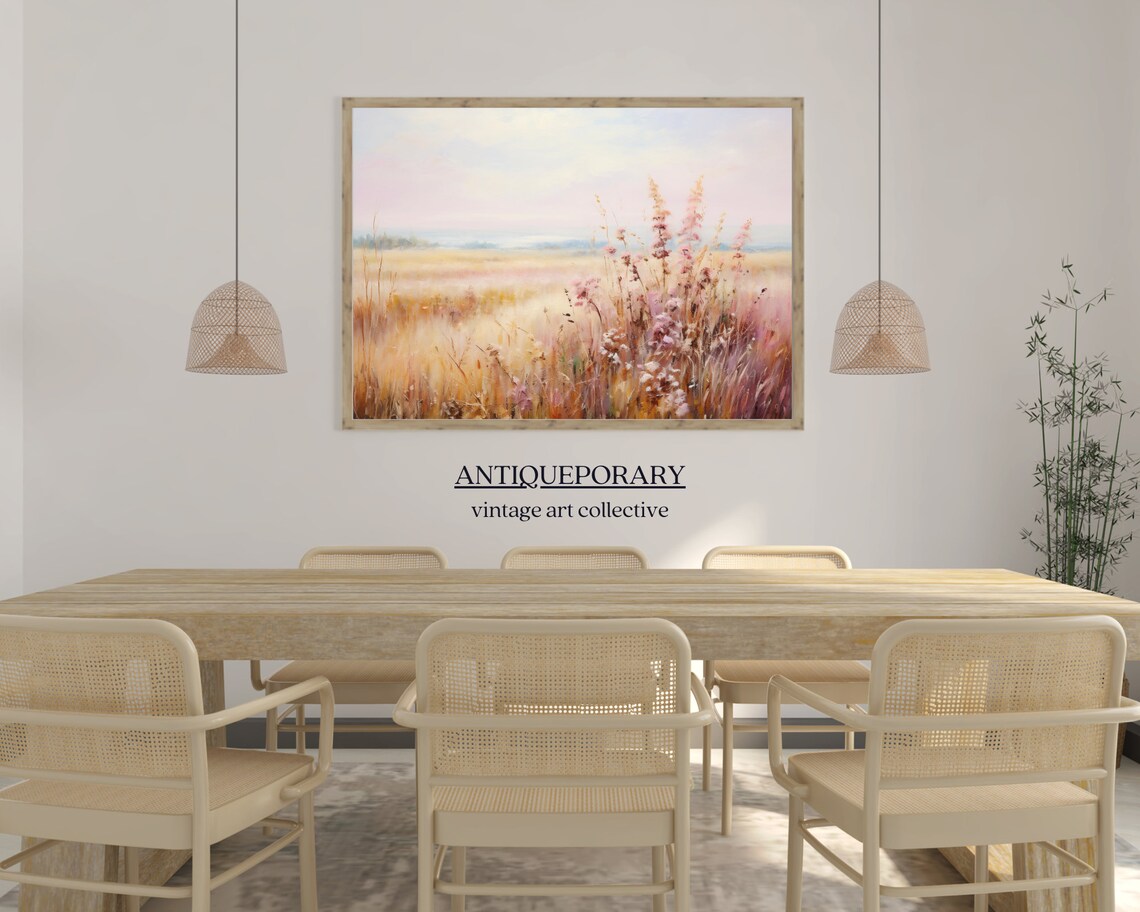 Wildflower Field Landscape Oil Painting Neutral Landscape Art Print Vintage Country Wall Art Antique Rustic Farmhouse Decor - Image 4