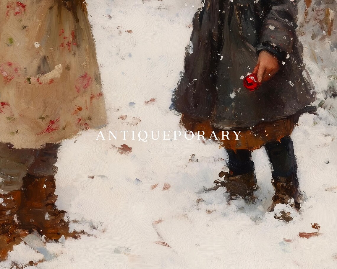 Two Girls Playing Together in the Snow Winter Nostalgia Scene Poster - Image 2