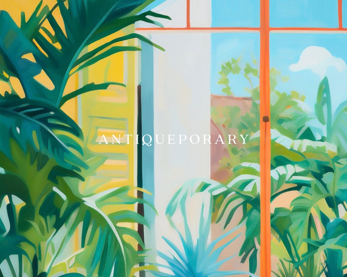 Tropical Sunroom Interior Painting Palm Plants Orange Armchair Poster - Image 3