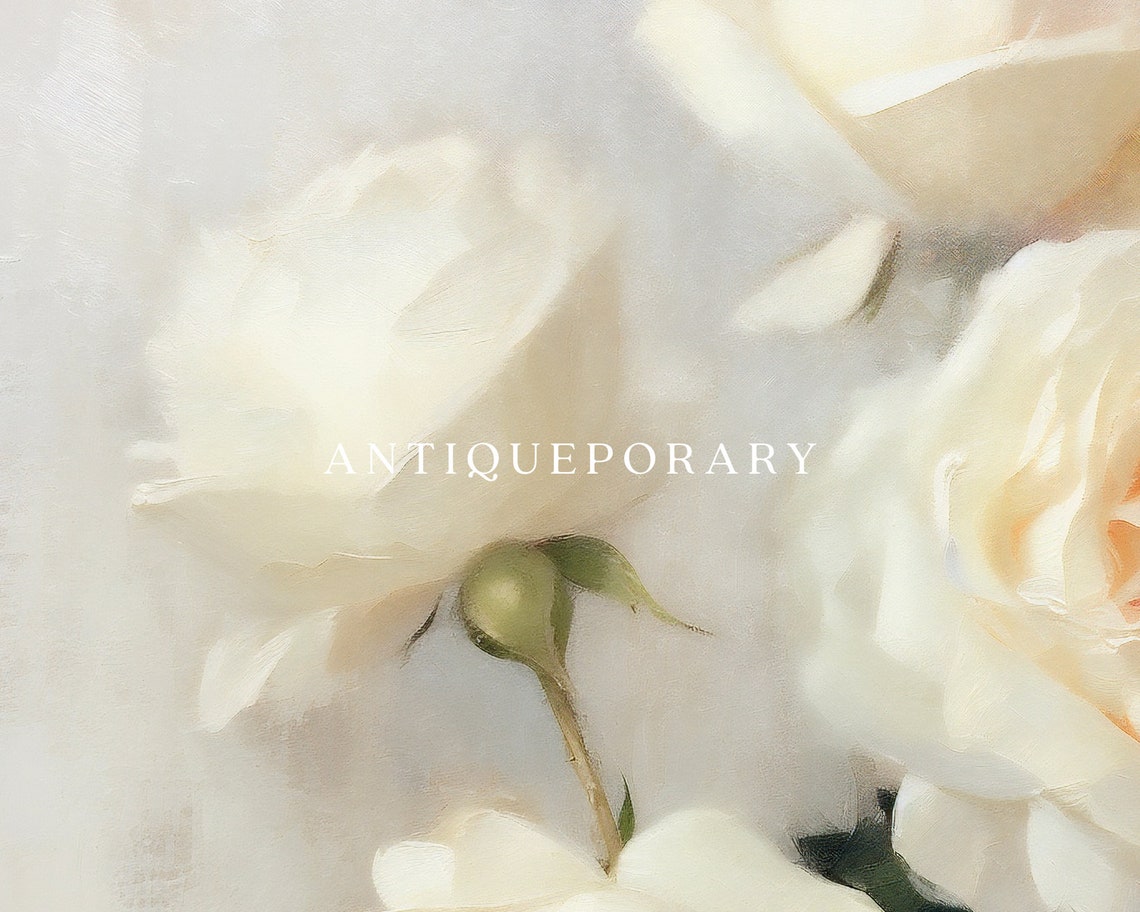 Cream White Roses Close Up Soft Neutral Floral Painting Poster - Image 3