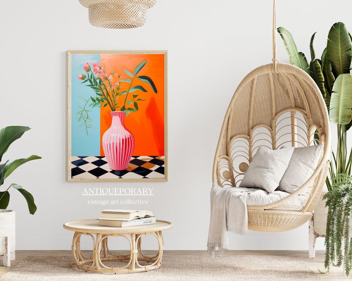 Pink Striped Vase with Flowers Checkerboard Floor Still Life Poster - Image 5