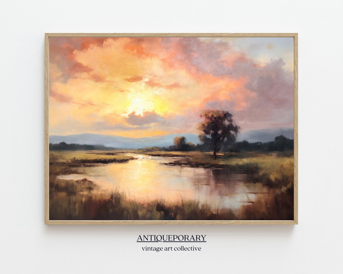 Sunset Over a Marshy River Under a Golden Sky Landscape Poster