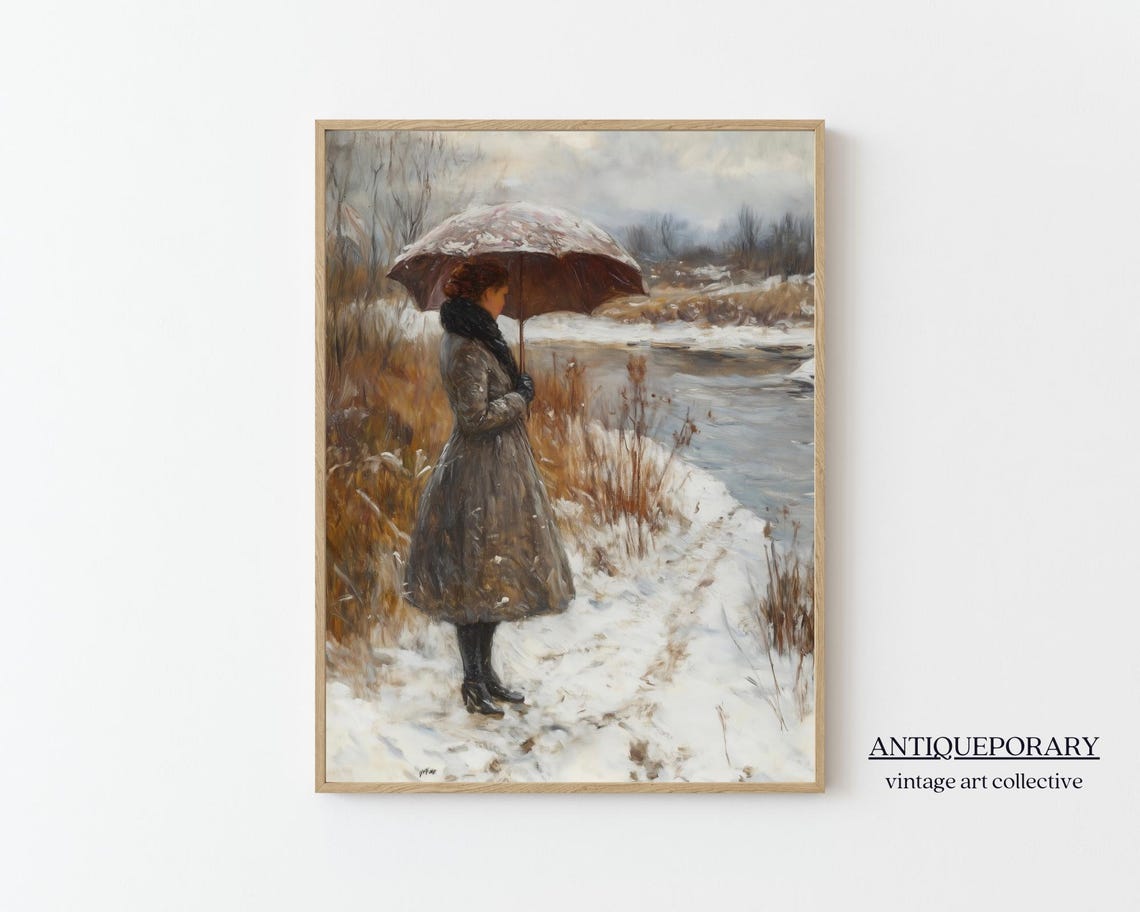 Woman with Umbrella Standing by a Snowy River Winter Scene Poster
