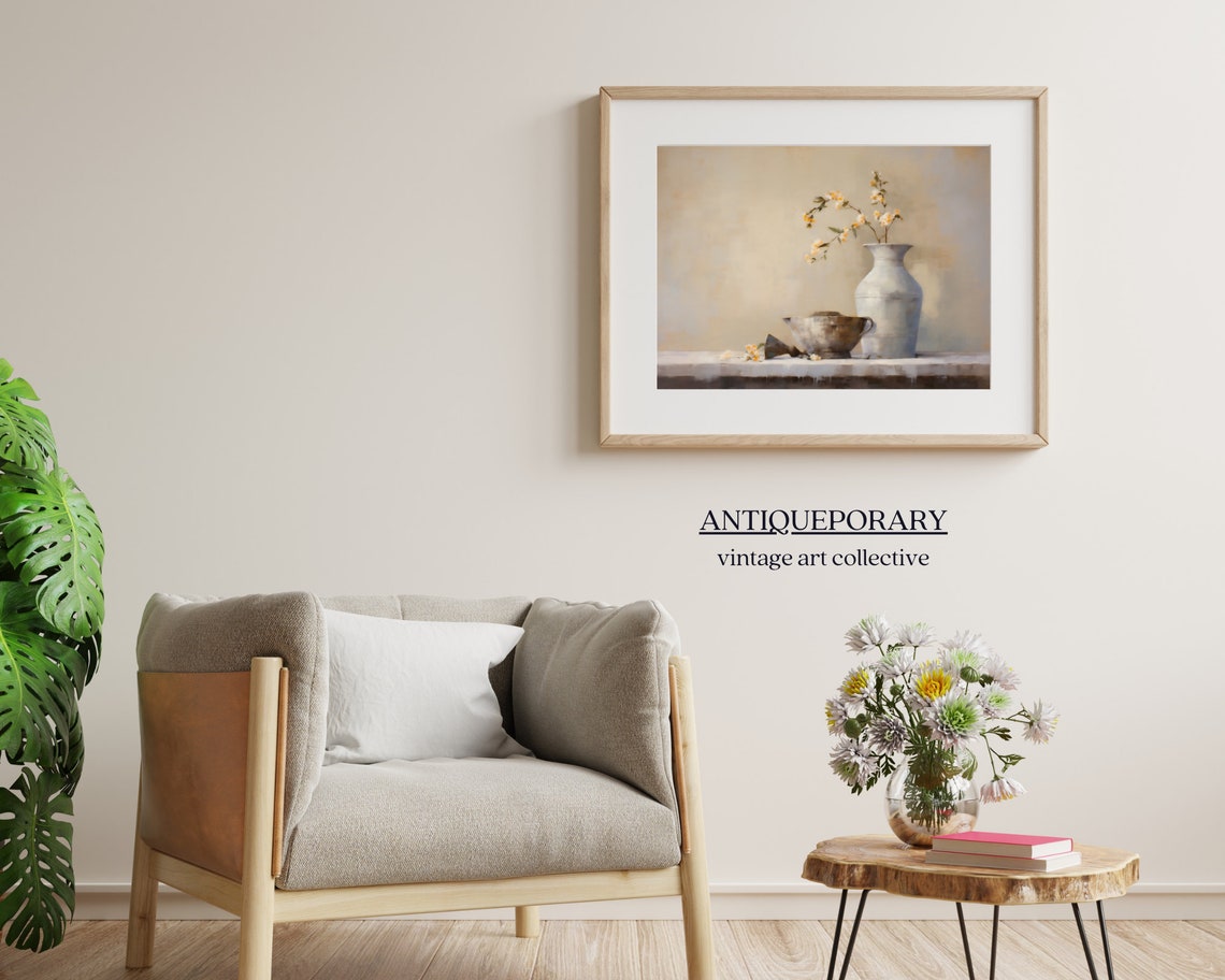 Soft Neutral Still Life White Vase Blossoms Vintage Beige Art Poster - Image 4