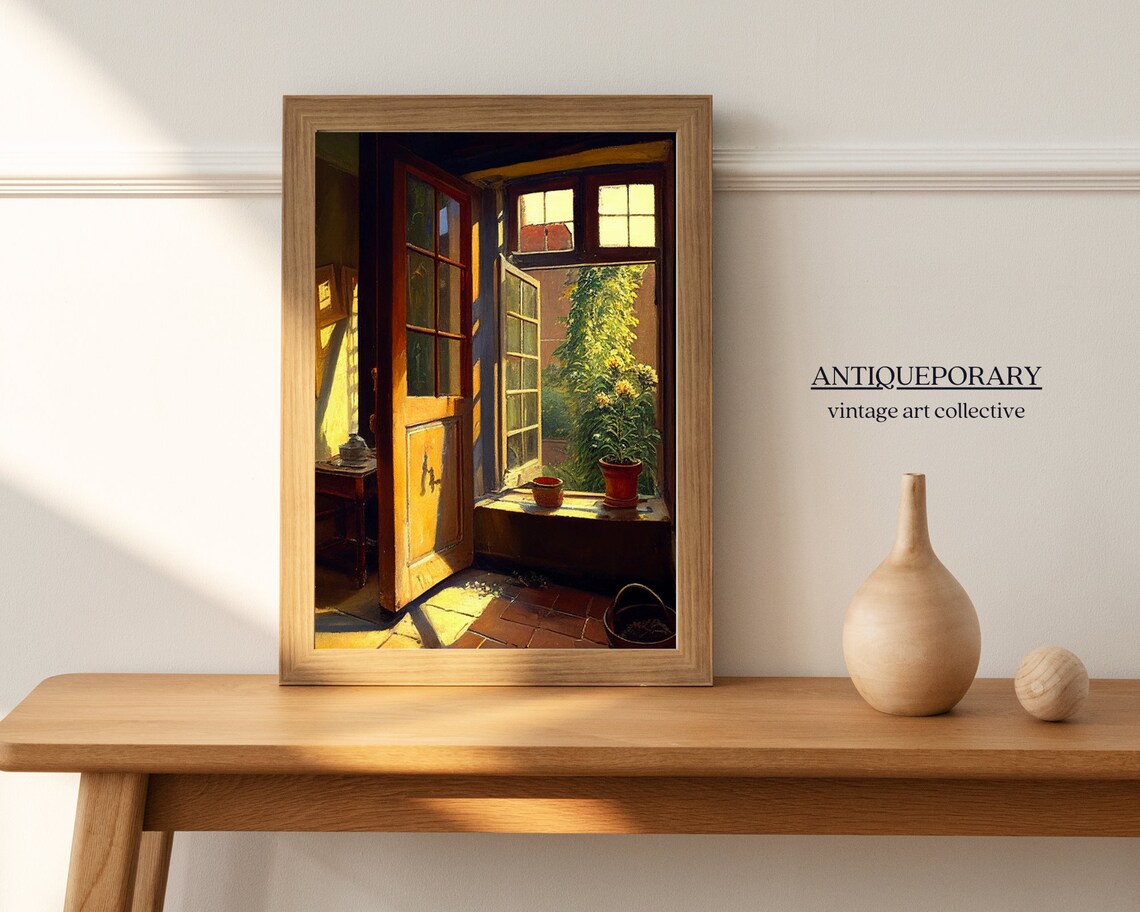 Sunlit Open French Doors Garden Interior Moody Vintage Painting Poster - Image 4