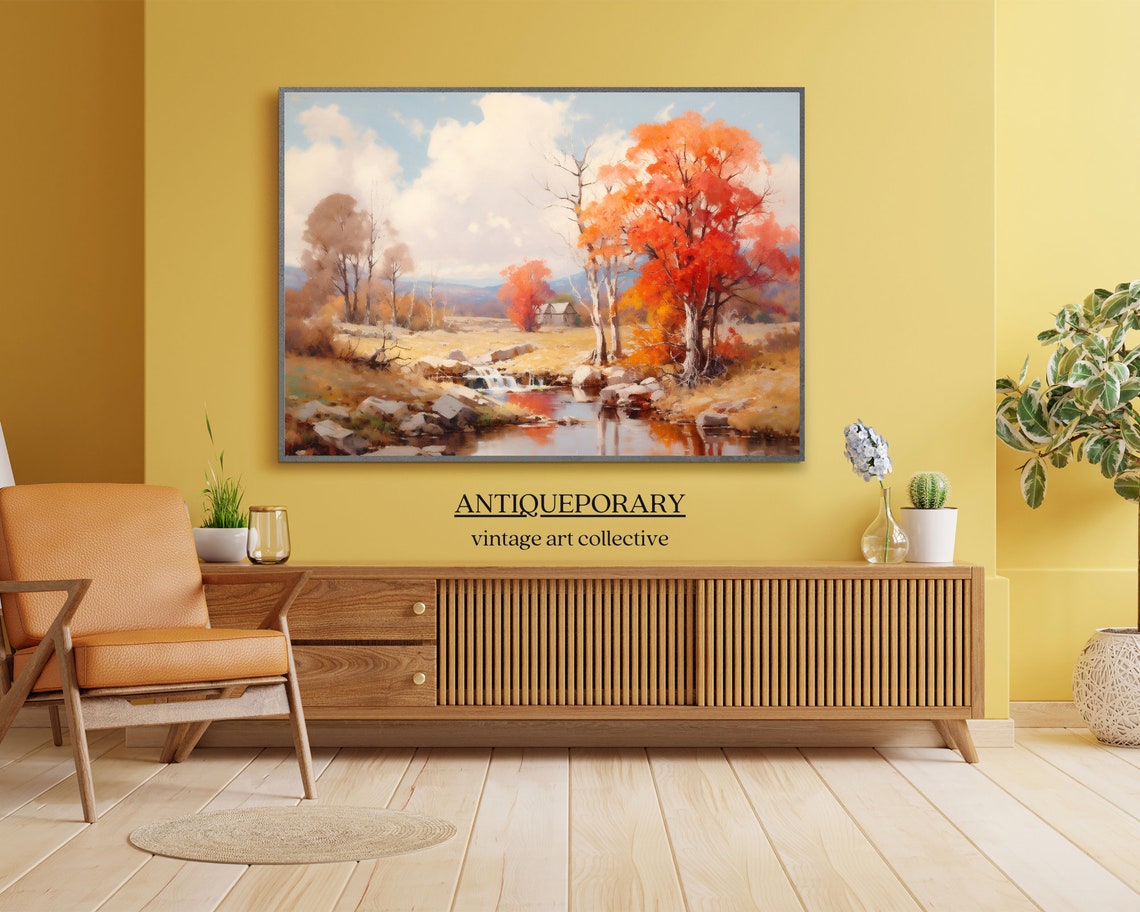 Autumn Creek Landscape with Red Trees Waterfall and Barn Poster - Image 4