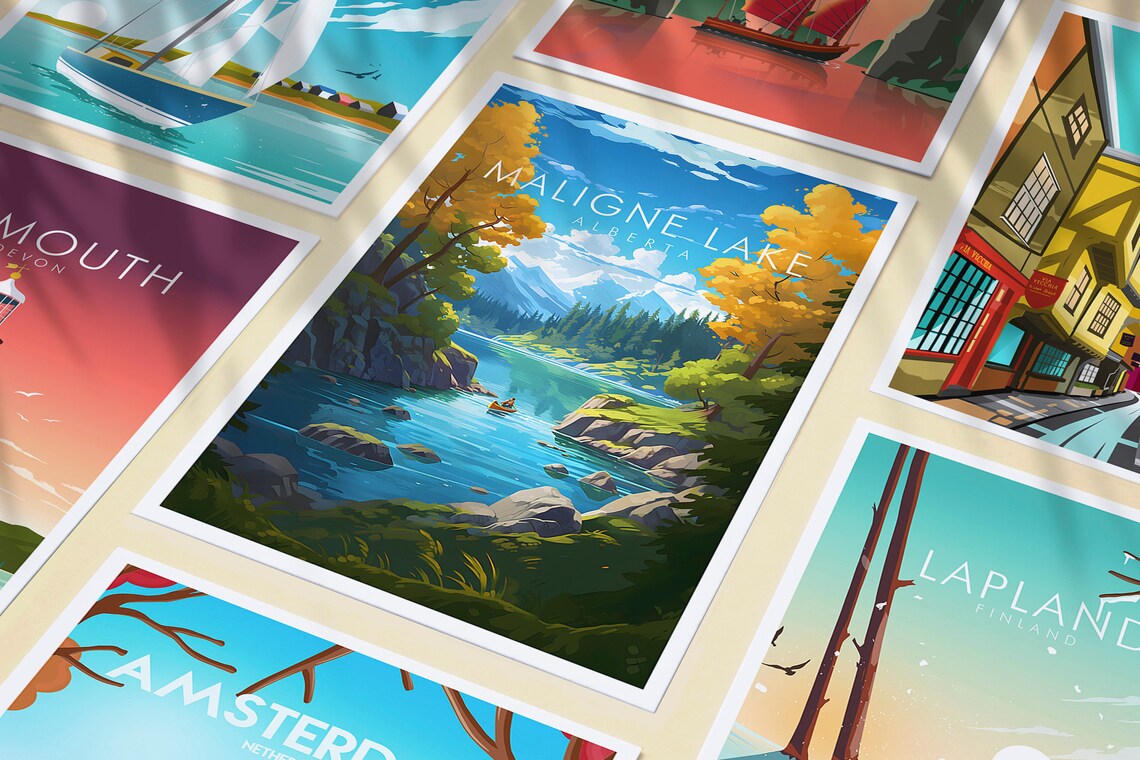 Maligne Lake Alberta Golden Autumn Kayak Mountain Scene Poster - Image 3