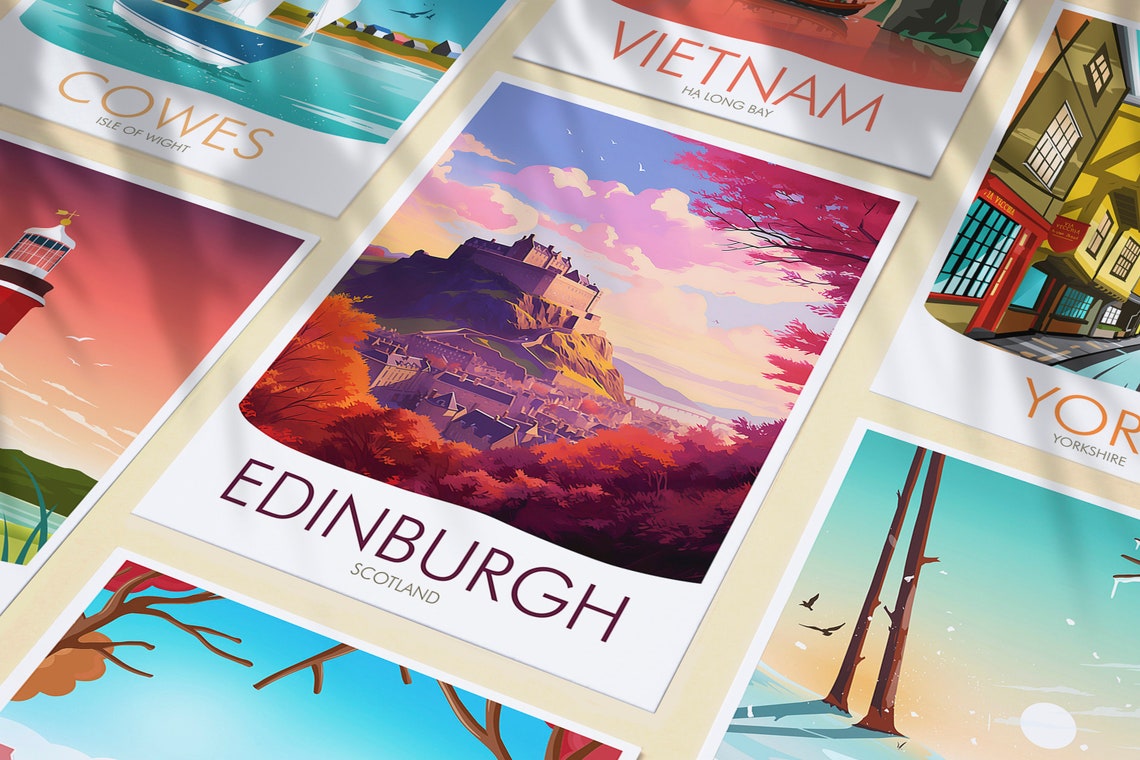 Edinburgh Scotland Castle Hill Pink Sunset Skyline Travel Poster - Image 3