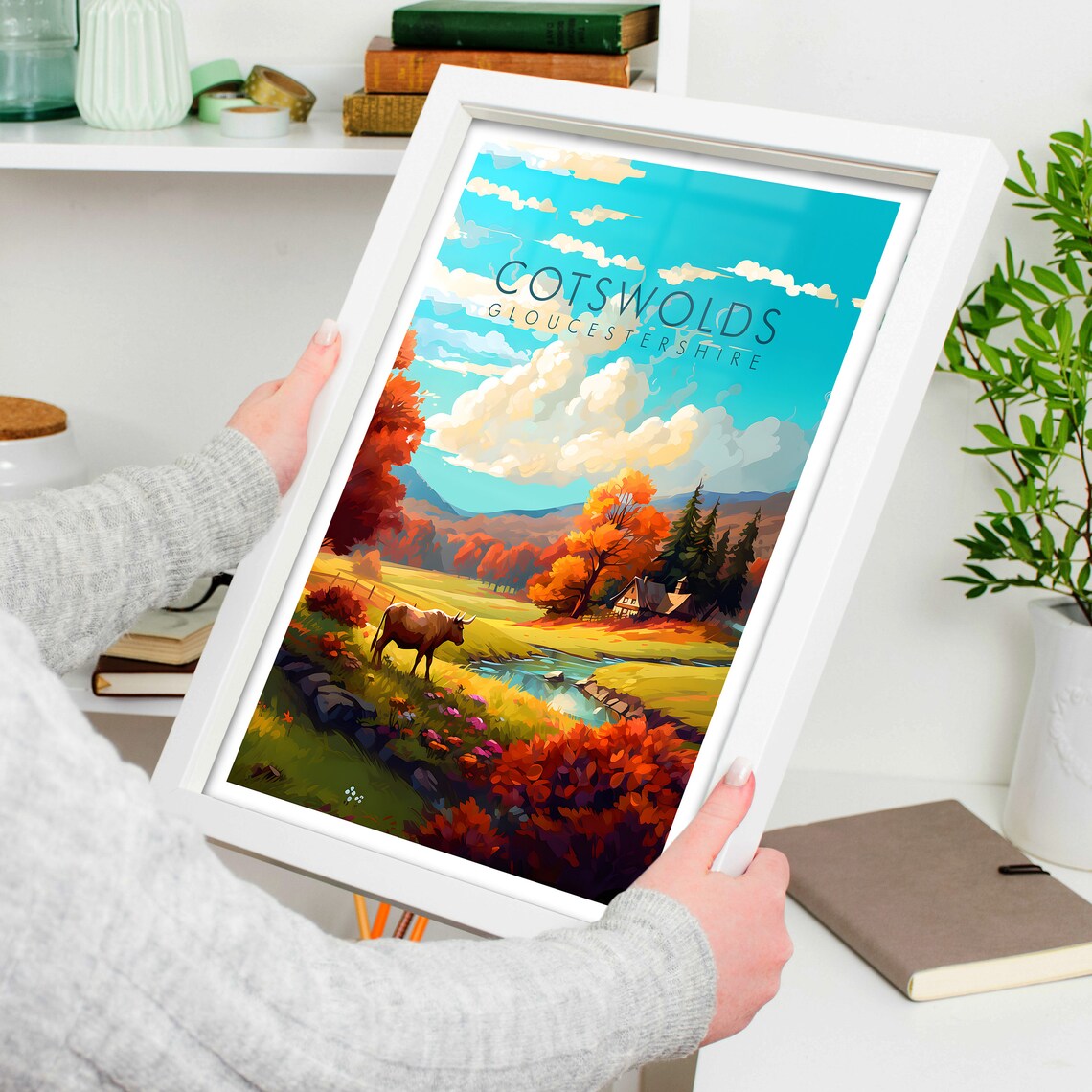 Cotswolds Gloucestershire Autumn Valley Cottage Stream Travel Poster - Image 4