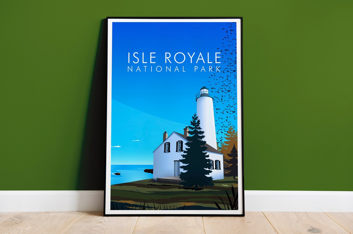 Isle Royale National Park Lighthouse Lake Michigan Scenic Travel Poster