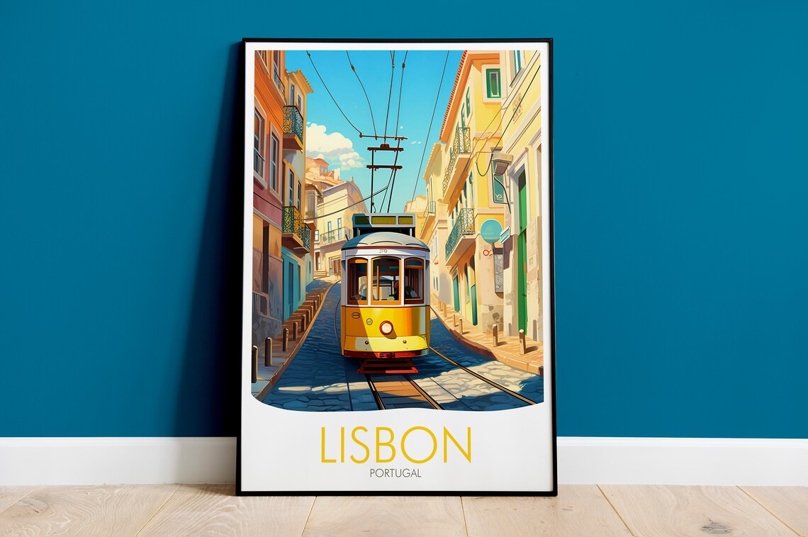 Lisbon Portugal Yellow Tram Cobblestone Street City Travel Poster