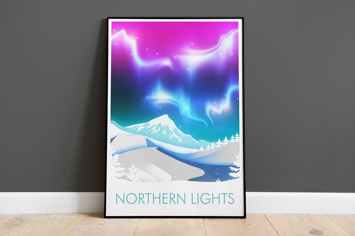 Northern Lights Norway Poster, Vintage Mountain Travel