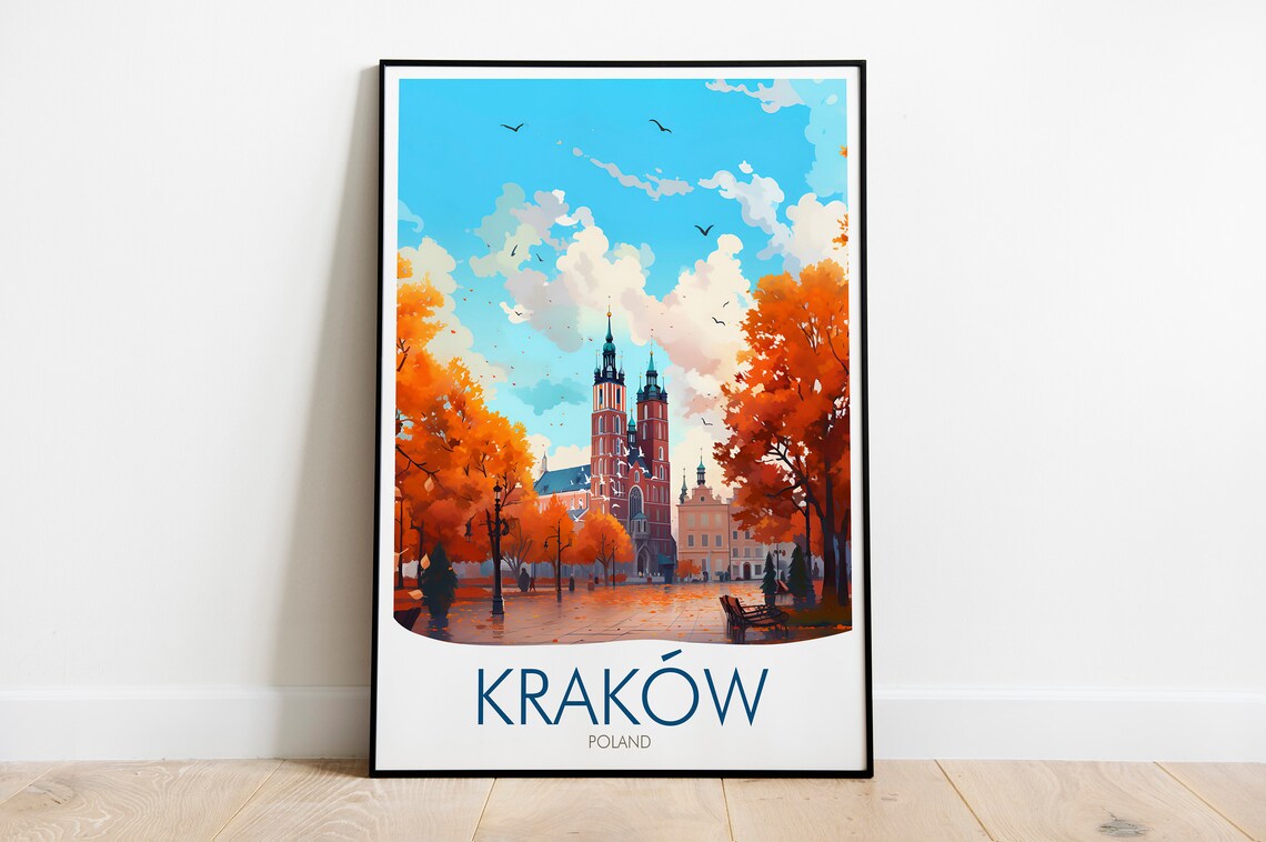 Kraków Poland Autumn Market Square Church Towers Travel Poster - Image 2