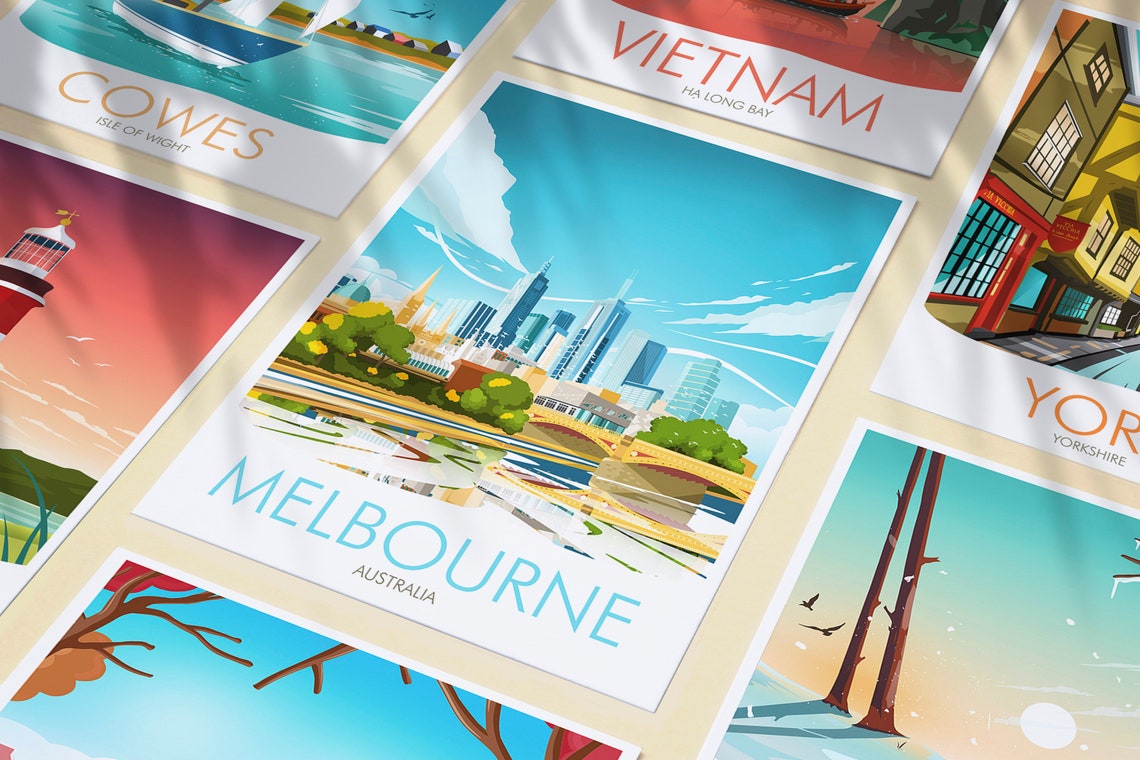 Melbourne Australia Skyline City River Bridge Modern Travel Poster - Image 3