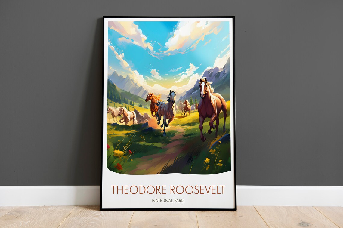 Theodore Roosevelt National Park Wild Horses Prairie Meadow Nature Poster