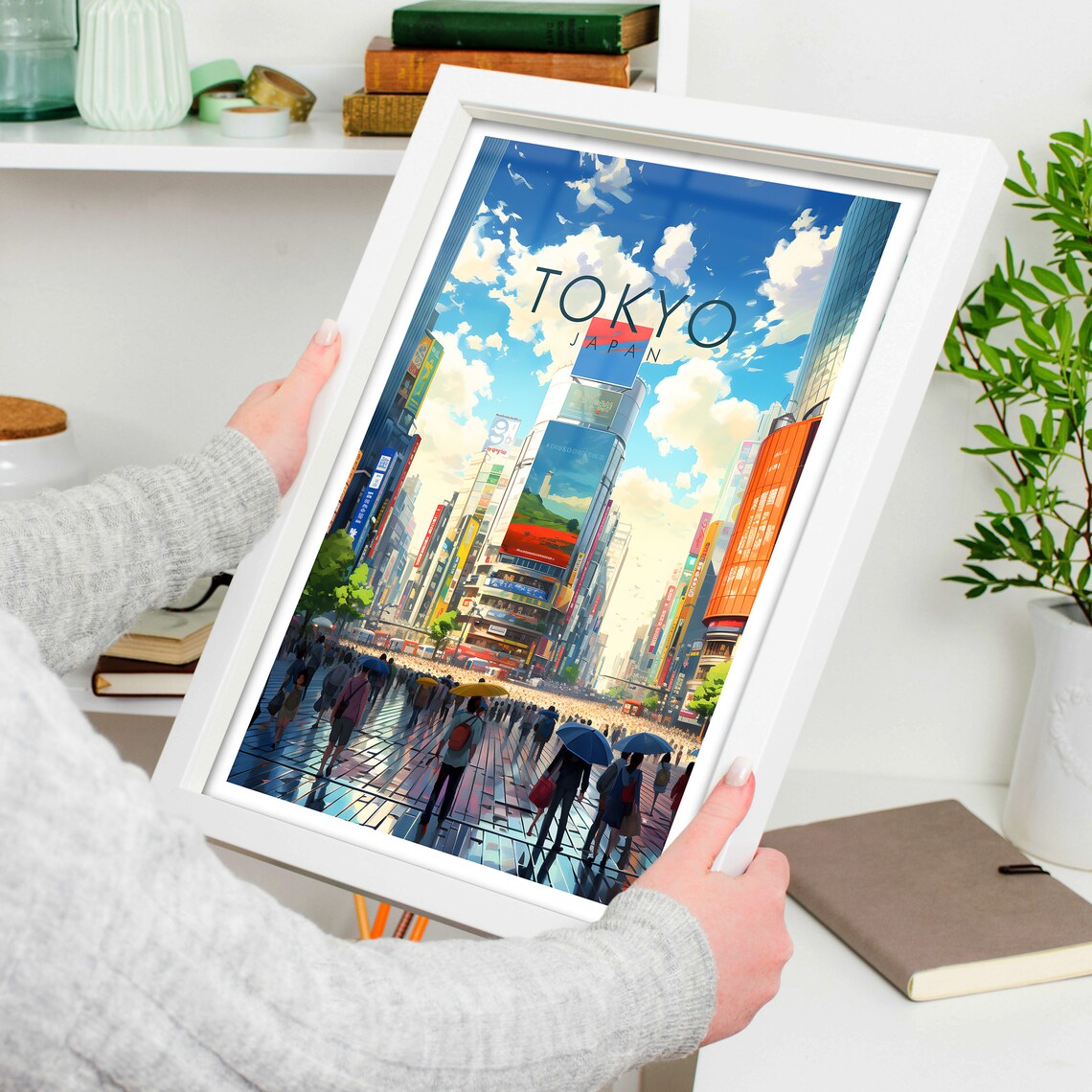 Tokyo Japan Bustling Crossing Umbrellas Billboards City Travel Poster - Image 4