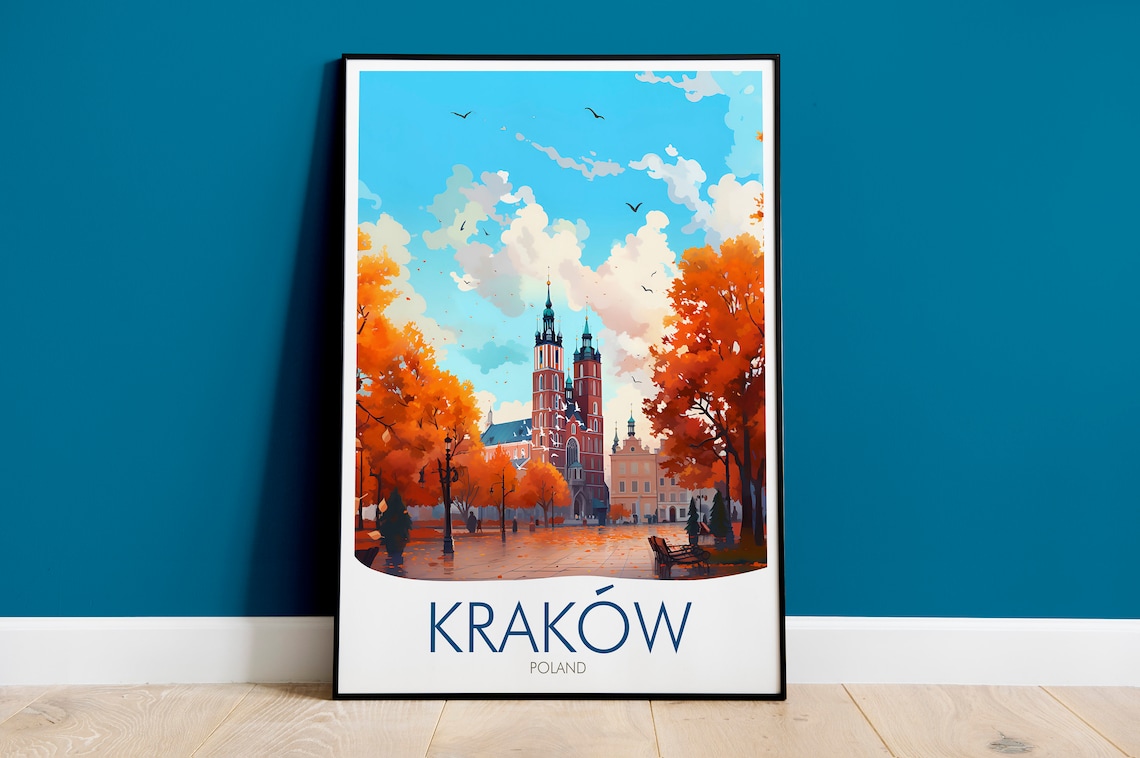 Kraków Poland Autumn Market Square Church Towers Travel Poster